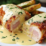 Chicken Cordon Bleu with Swiss Cheese Sauce is delicious.
