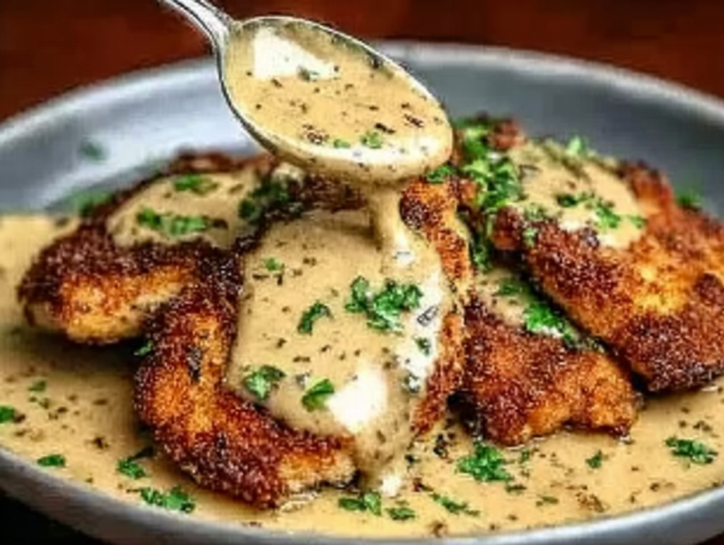Crispy Parmesan Chicken with a Rich Garlic Sauce - Easy Dinner Idea