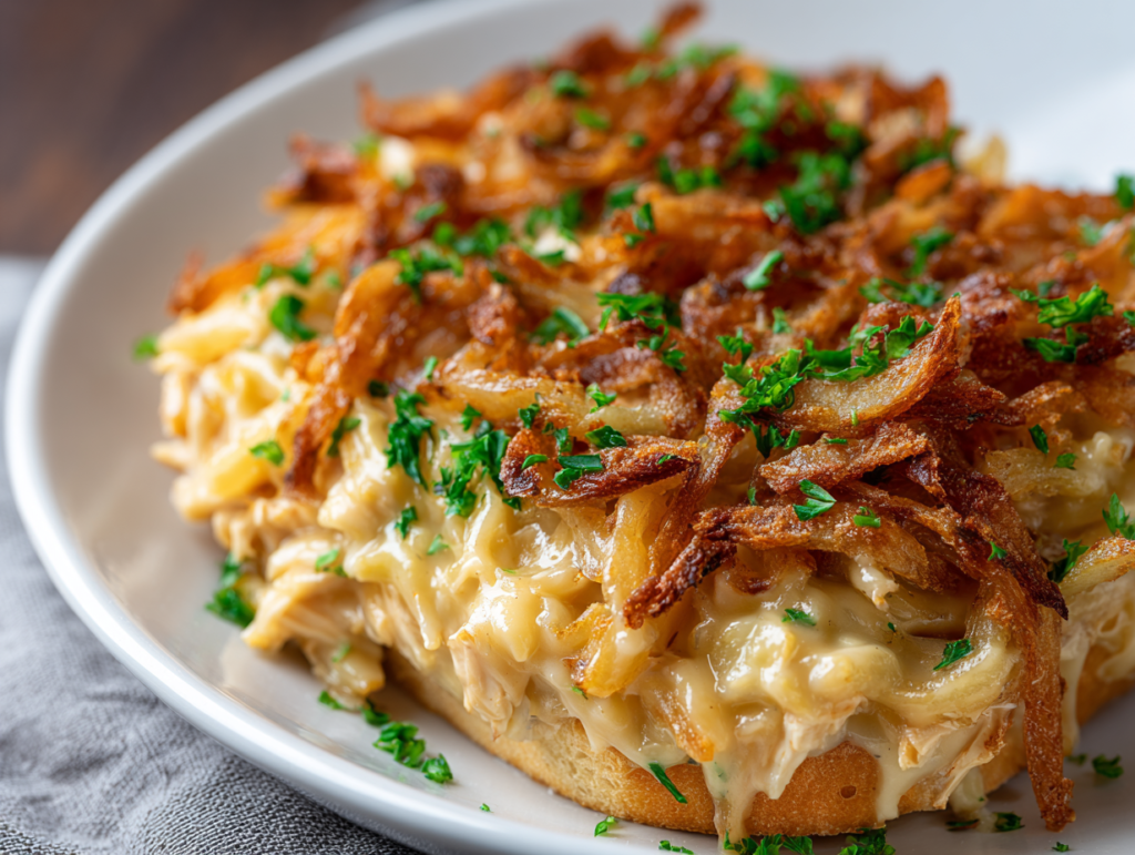 French Onion Chicken Orzo Casserole