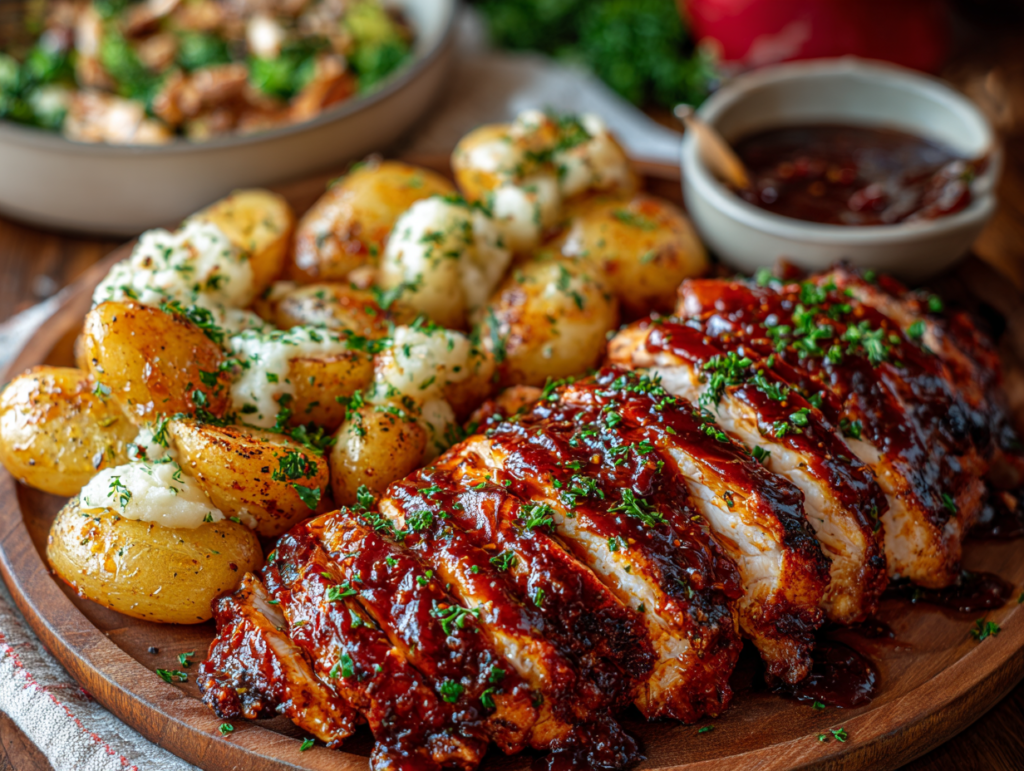 Honey Bbq Chicken & Creamy Garlic Parmesan Potatoes
